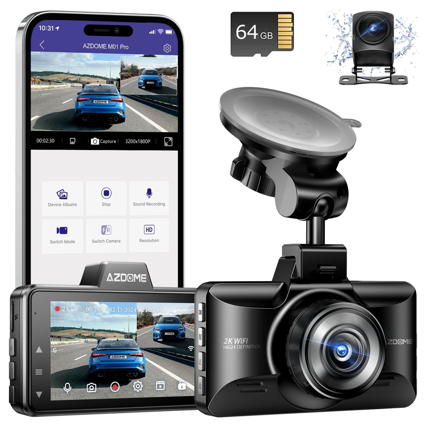 AZDOME Upgraded M01 3K WiFi Dash Cam Front and Rear, 3" Screen Dual Dash Camera for Car Built-in ADAS G-Sensor, 24H Parking Mode Car Camera