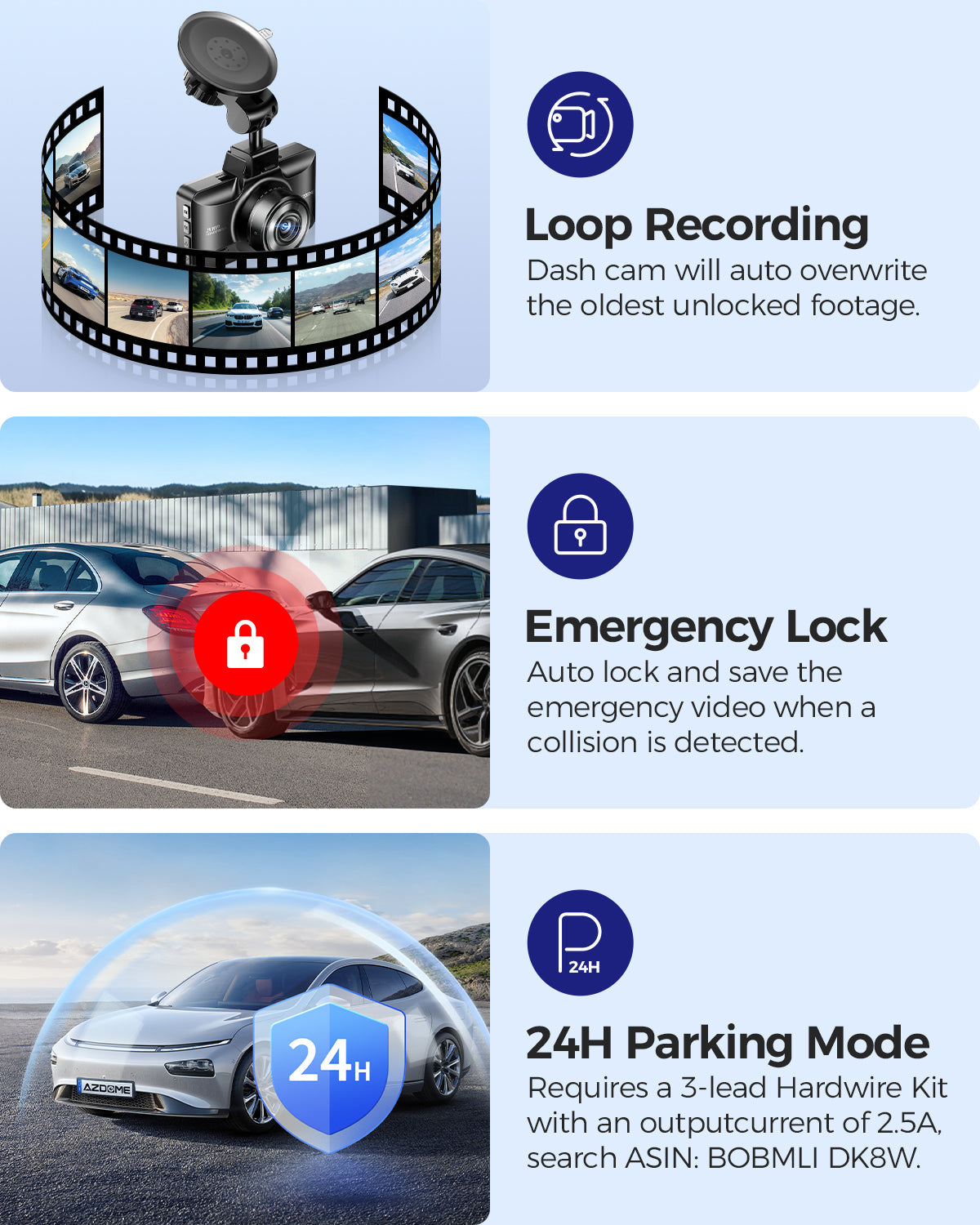 AZDOME Upgraded M01 3K WiFi Dash Cam Front and Rear, 3" Screen Dual Dash Camera for Car Built-in ADAS G-Sensor, 24H Parking Mode Car Camera