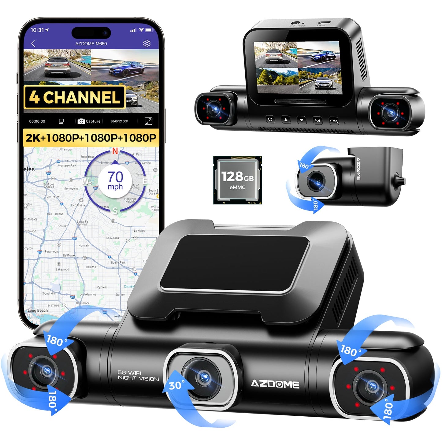 AZDOME M660 4CH Dash Cam 2K with Smart Voice Control 128GB eMMC 24H Parking Mode