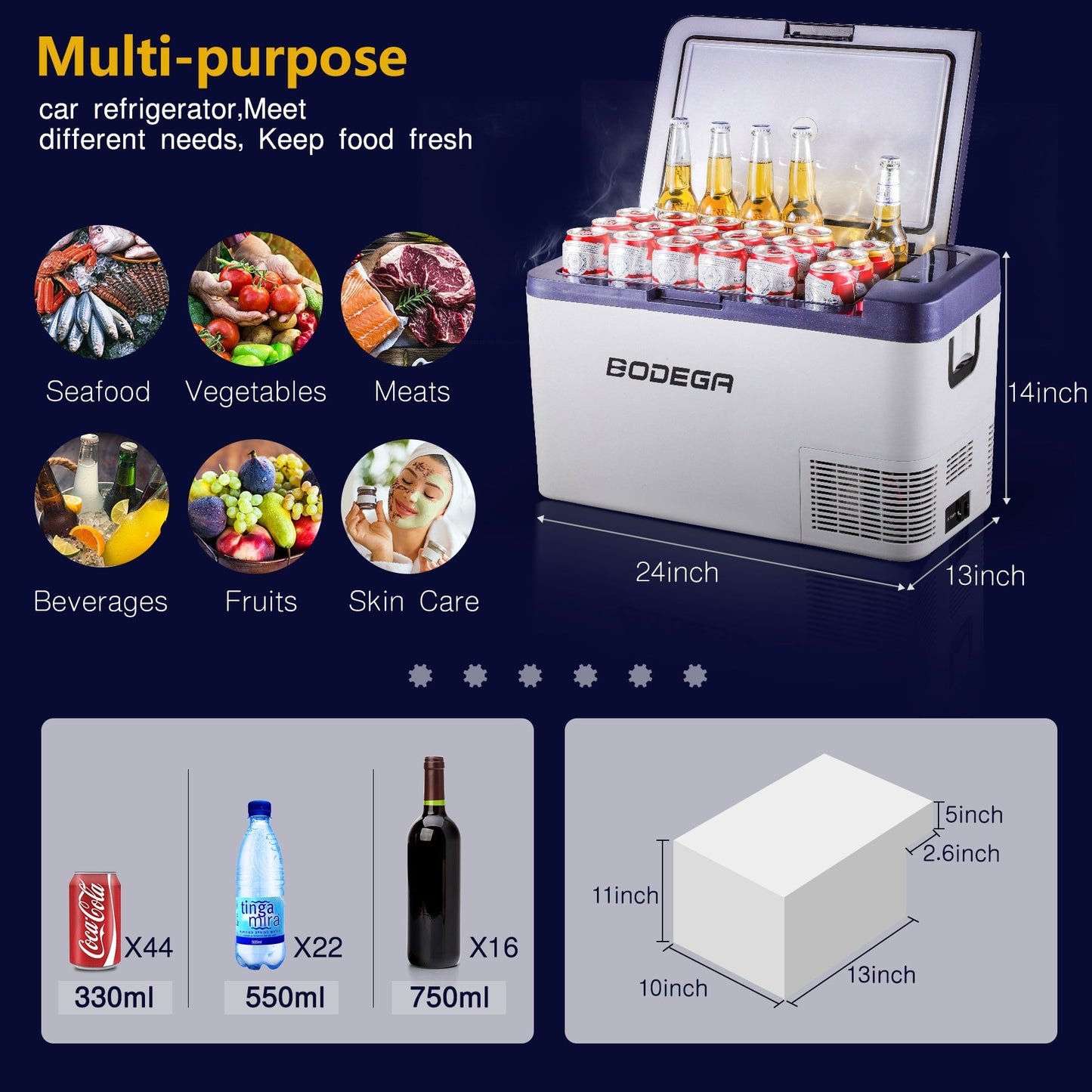 BODEGAcooler 27qt/25L K25 12V Portable Car Fridge Freezer - Dark Blue