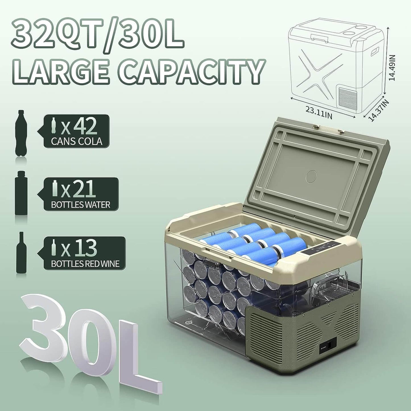 BODEGA cooler 12 Volt Car Refrigerator 26/32/42/53qt Portable Freezer Green