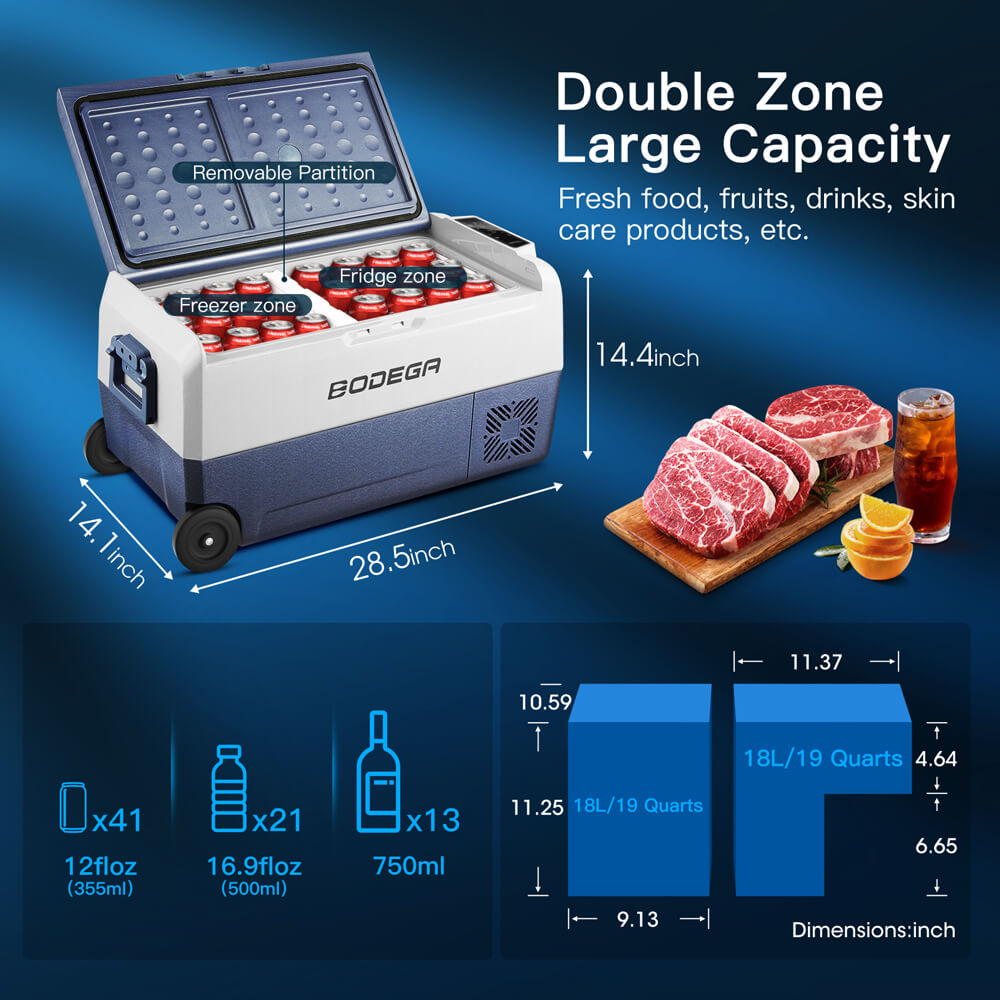 BODEGAcooler 38qt/36L Dual Zone 12V Portable Car Fridge T36