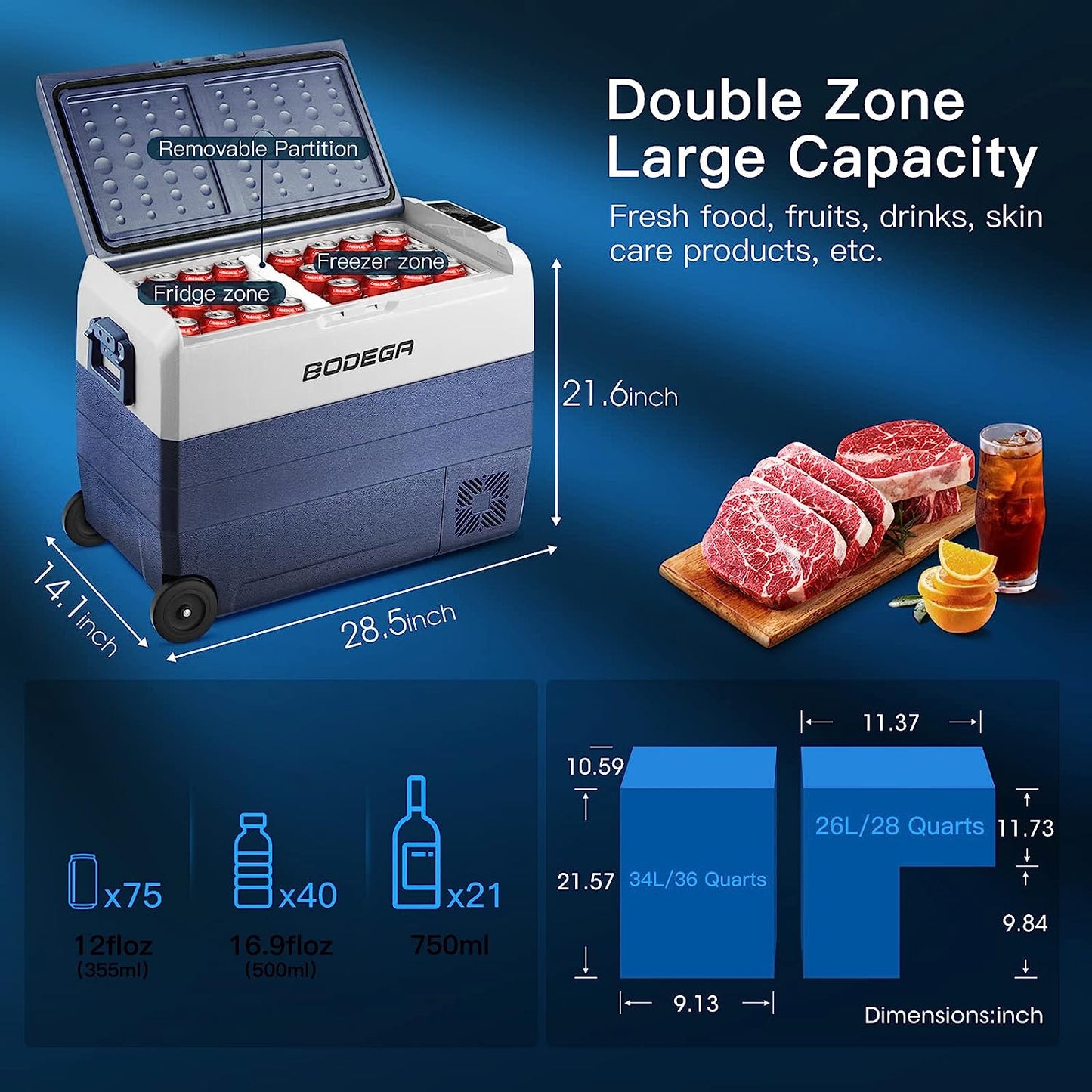 BODEGAcooler 12V Fridge 64qt/60L with Wheels Dual Zone T60