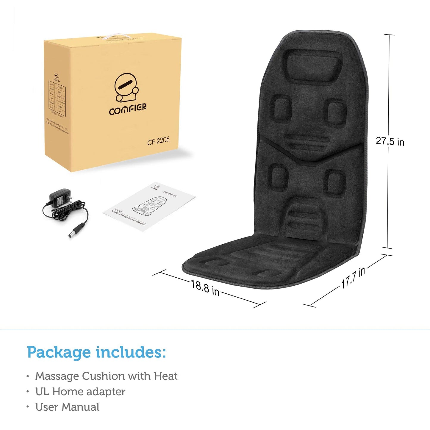 Comfier Vibration Back Massage Cushion with Heat, Massage Pad for Home or Office Chair CF-2206
