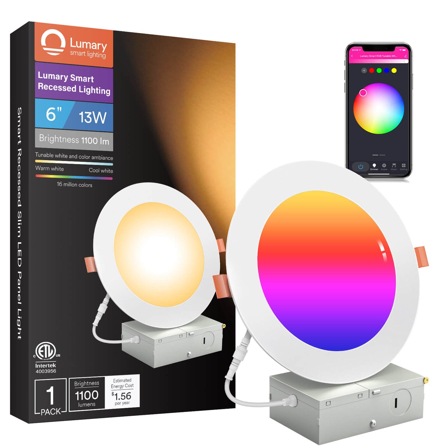 مصباح LED ذكي مدمج قابل للتعتيم من Lumary ETL معتمد، مقاس 6 بوصات