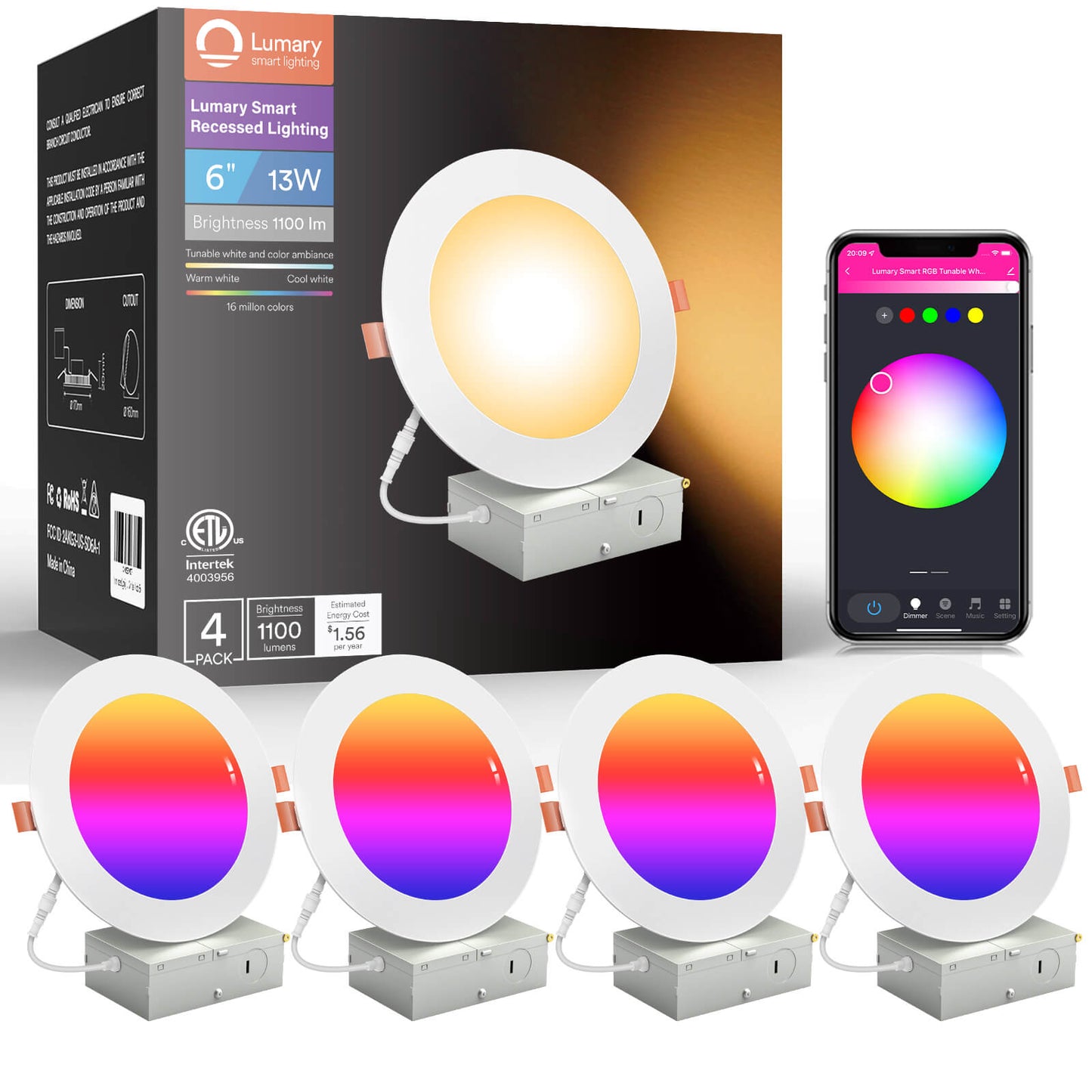 مصباح LED ذكي مدمج قابل للتعتيم من Lumary ETL معتمد، مقاس 6 بوصات
