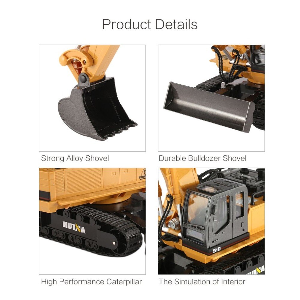 Huina 1510 RC Excavator Bulldozer 2.4G 1:16 11CH 680° Rotating Sound/Light Toy RC Car