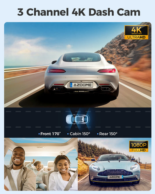 Cámara de salpicadero AZDOME M560 3CH 4K con pantalla táctil de 4", visión nocturna por infrarrojos y modo de aparcamiento 24 horas
