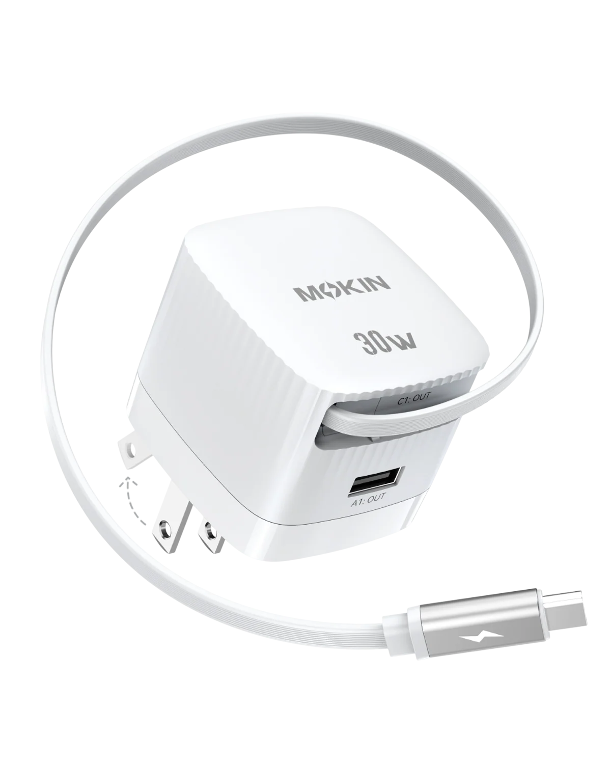 MOKiN 30W Foldable GaN Charger with Built-in Retractable Type-C Cable