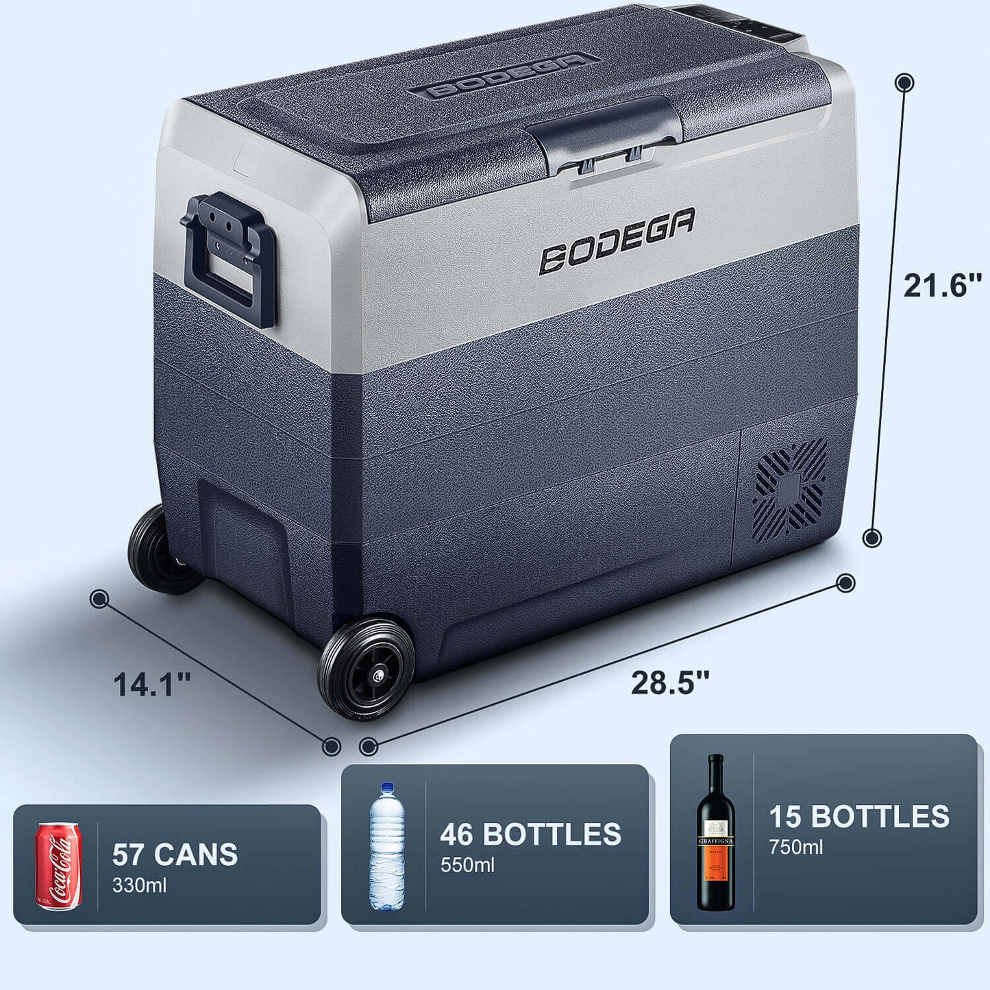BODEGAcooler 12V Fridge 64qt/60L with Wheels Dual Zone T60