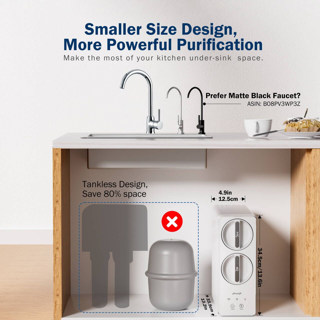 Frizzlife Reverse Osmosis Water Filter System, 8 Stage Under Sink Tankless RO System, 600 GPD Fast Flow, Reduces PFAS TDS, 3:1 Pure to Drain, Compact, MR600 White
