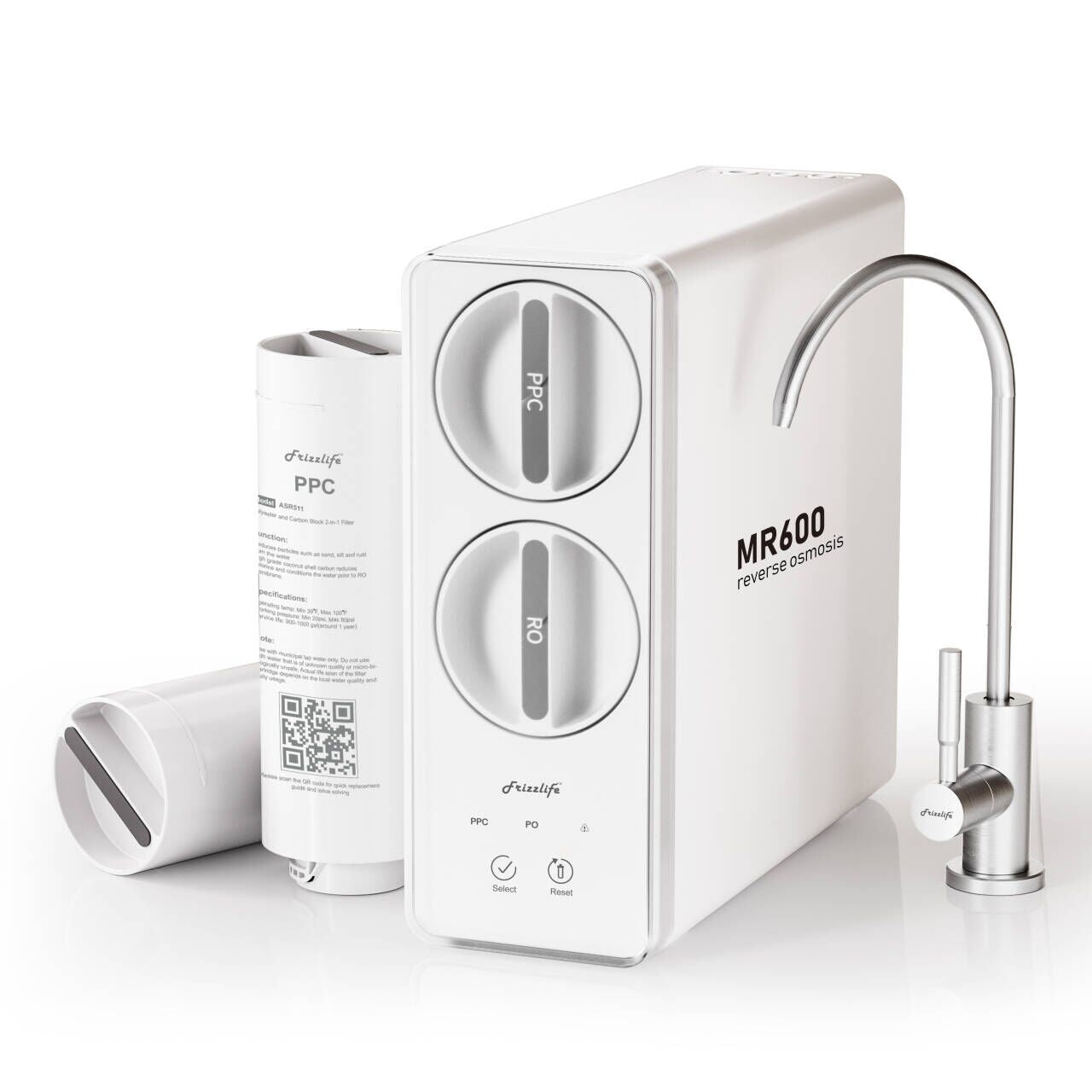 Frizzlife Reverse Osmosis Water Filter System, 8 Stage Under Sink Tankless RO System, 600 GPD Fast Flow, Reduces PFAS TDS, 3:1 Pure to Drain, Compact, MR600 White