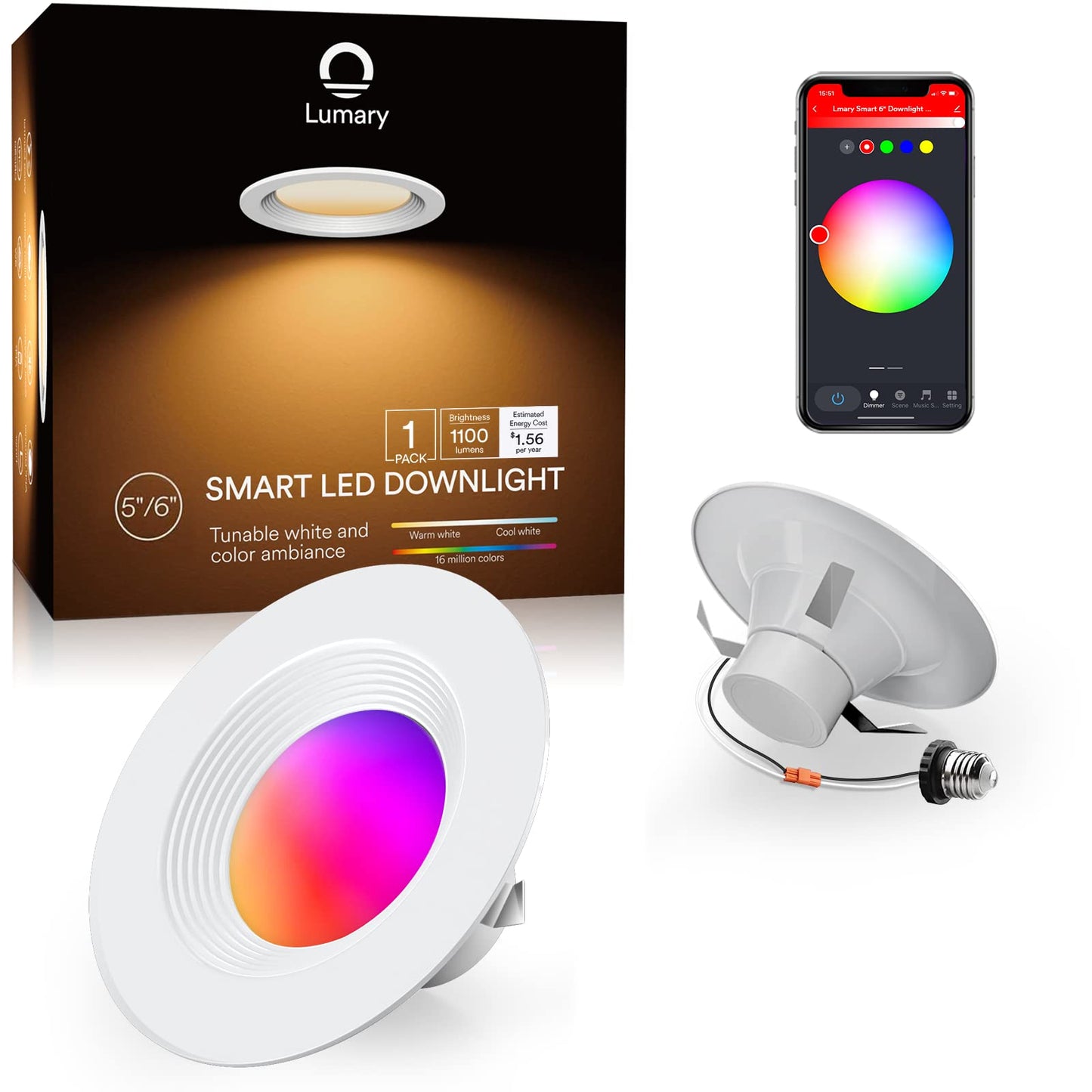 Lumary Smart Wi-Fi Recessed Can Light RGB LED Retrofit Downlight 6 inch 13W