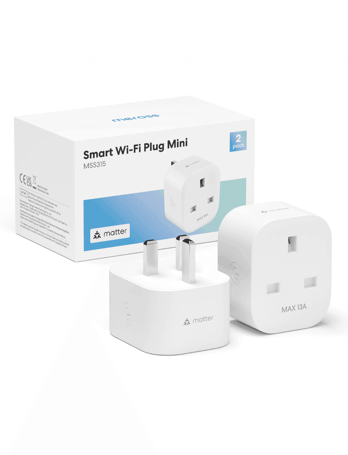 Meross Matter Smart Wi-Fi Plug with Energy Monitor, MSS315MA,2-Pack(UK Version)