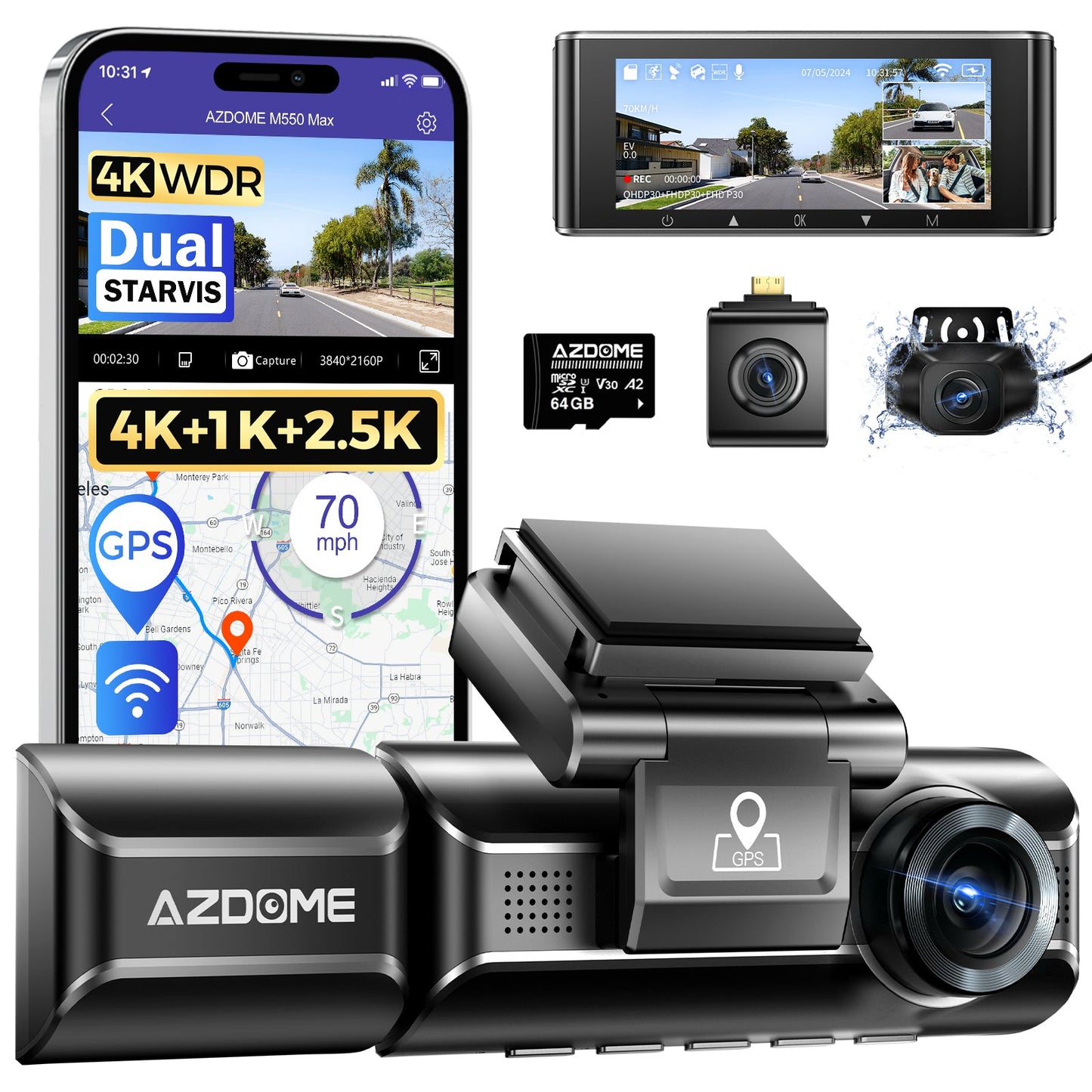 AZDOME M550 Max 3CH Dash Cam 4K with 3.19" Screen WDR Night Vision 24H Parking Mode