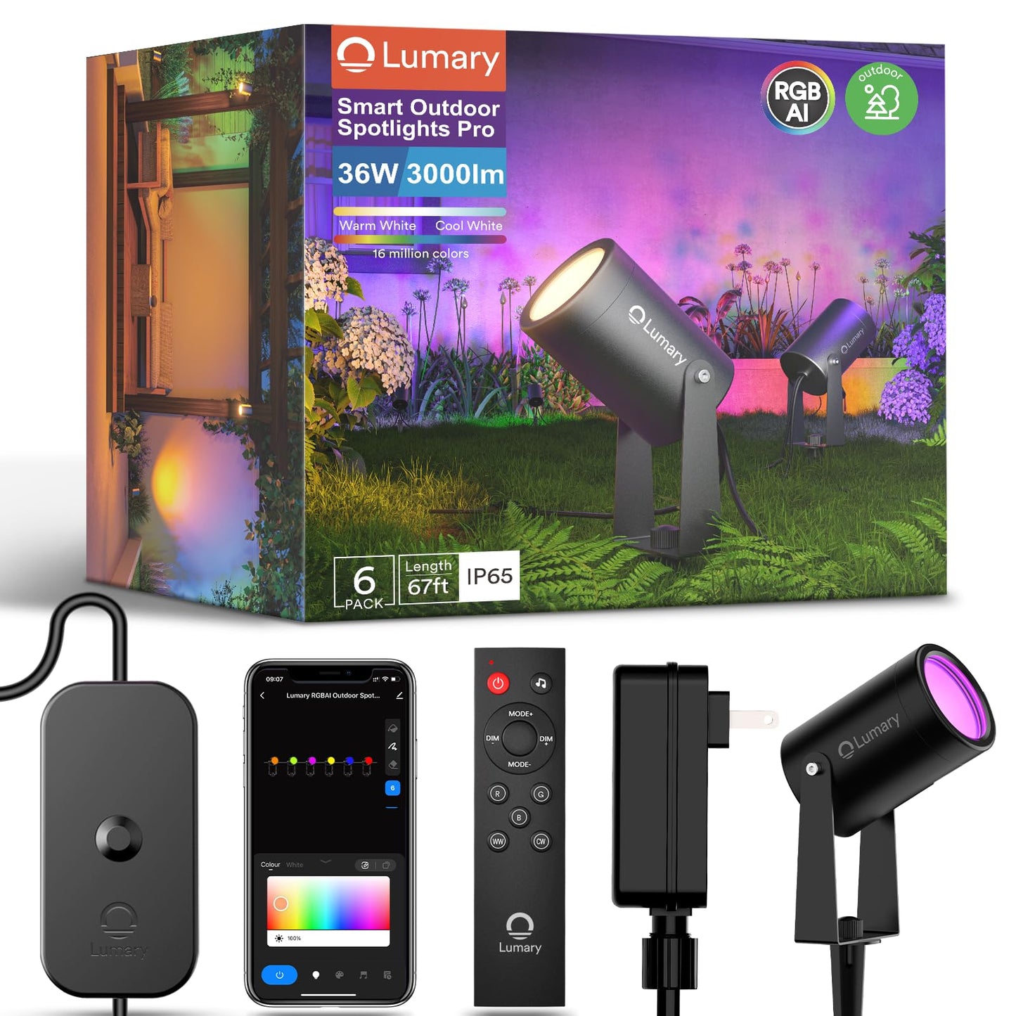 Lumary Smart RGBAI Landscape Lights Pro 36W 3000LM 65ft (6 Pack)
