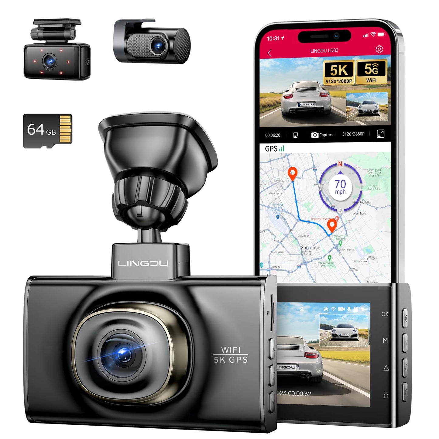 LINGDU LD02 3CH Dash Cam 4K with 3" Screen Super Night Vision 24H Parking Mode