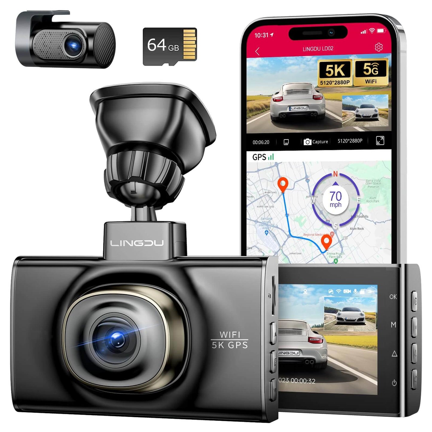 LINGDU LD02 2CH Dash Cam 4K with 3" Screen IR Night Vision 24H Parking Mode