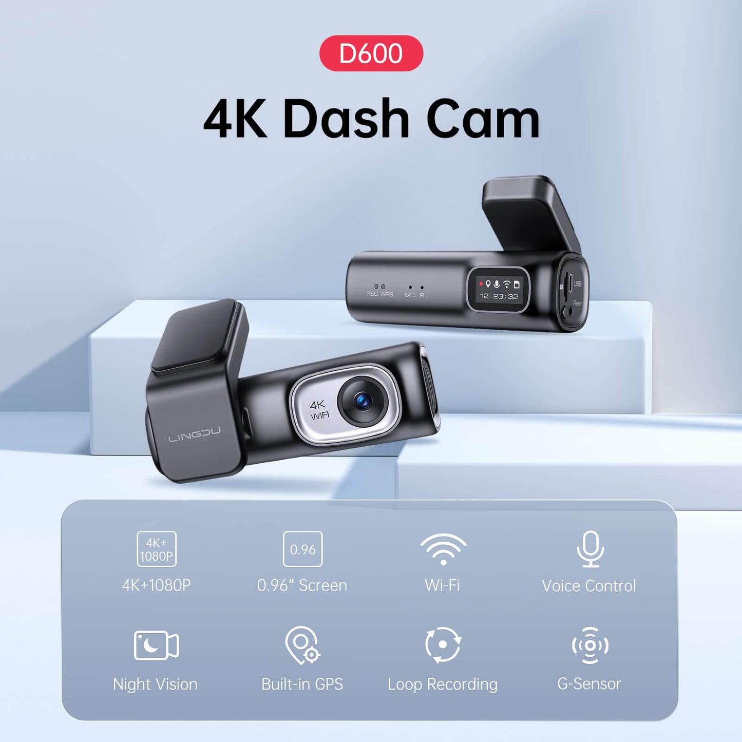 LINGDU D600 2CH Dash Cam 4K with 0.96" Screen Voice Control 24H Parking Mode