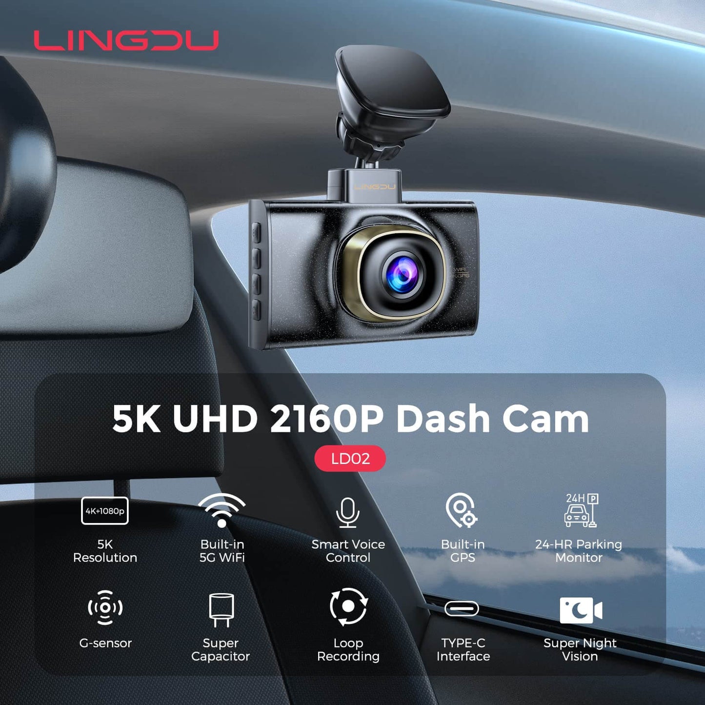 LINGDU LD02 1CH Dash Cam 5K with 3" Screen IR Night Vision 24H Parking Mode