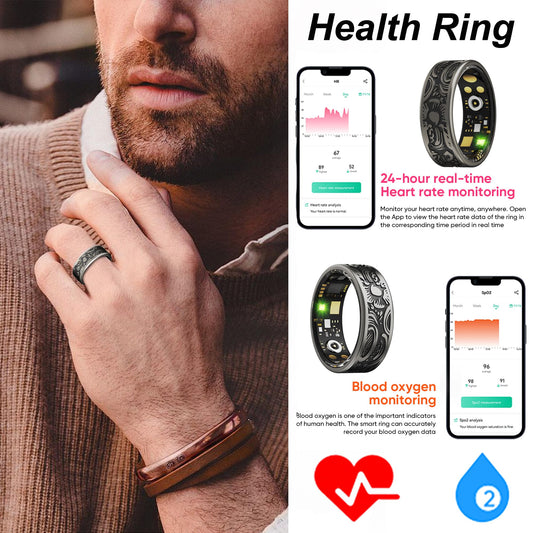 W9 Smart Ring Heart Rate Monitor Sleep Ring Fitness Tracker Blood Pressure Ring Blood Oxygen Step Counter Calories Pedometer Waterproof Health Retro Vintage Smart Rings for Men Women