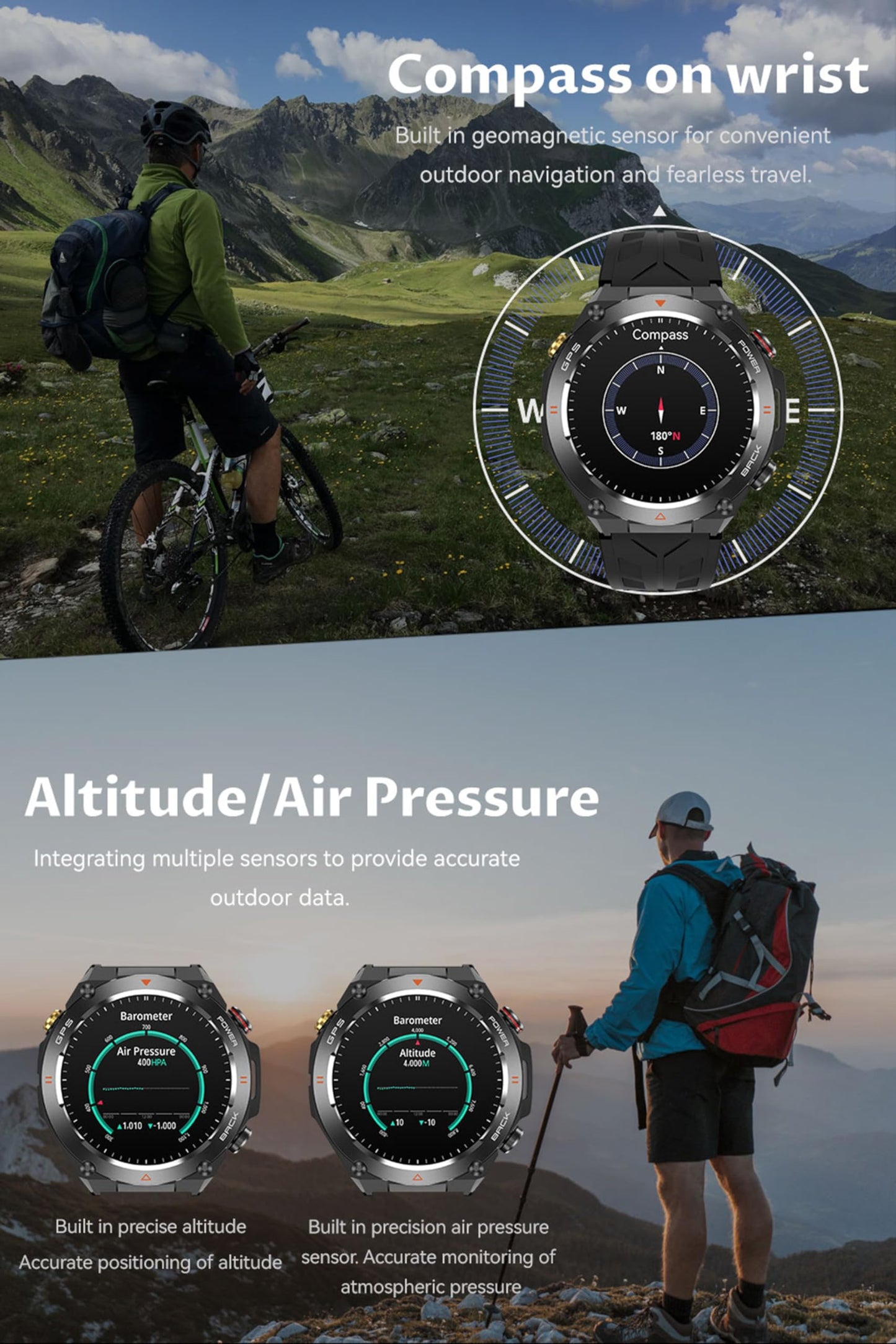 Smart Watch Answer/Make Calls GPS Tracker Message Notification Smartwatch Compass Altitude Barometer Heart Rate Monitor Waterproof Smart Watches for Men
