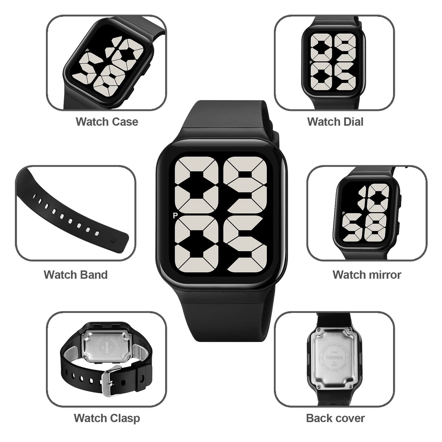 Findtime Unisex Square Big Numbers Dial Digital Watch for Men Women Seniors, 50M Waterproof Large LED Electronic Time Pink Wristwatch Simple Designer
