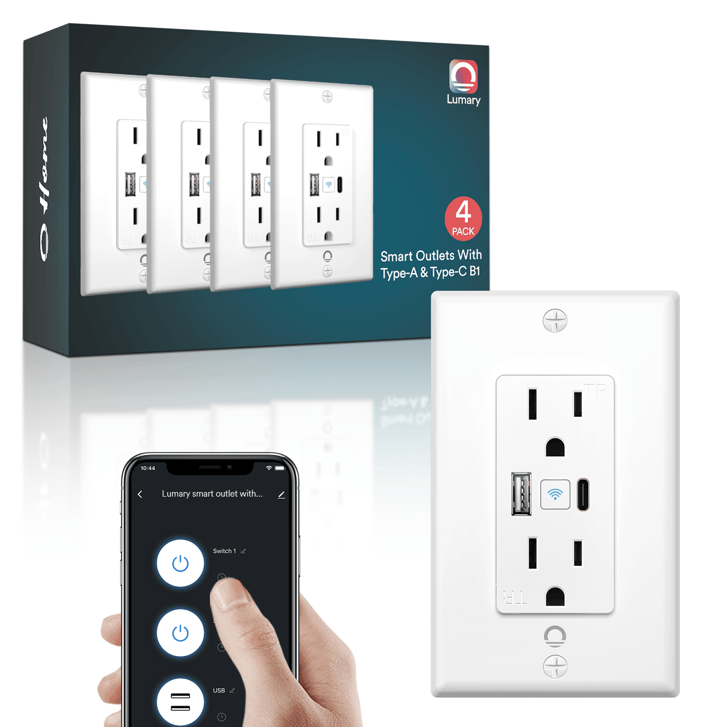 مقبس حائط ذكي من لوماري مزود بمنفذ USB من النوع A ومن النوع C مزود بشبكة واي فاي، 4 قطع