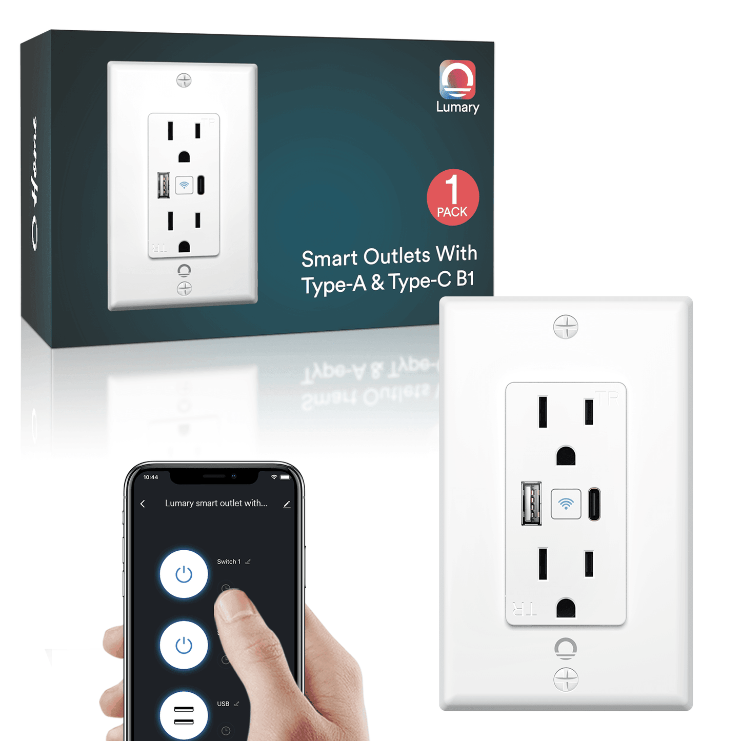منفذ Lumary الذكي USB مع منفذ من النوع A ومن النوع C في مقبس Wi-Fi بالحائط