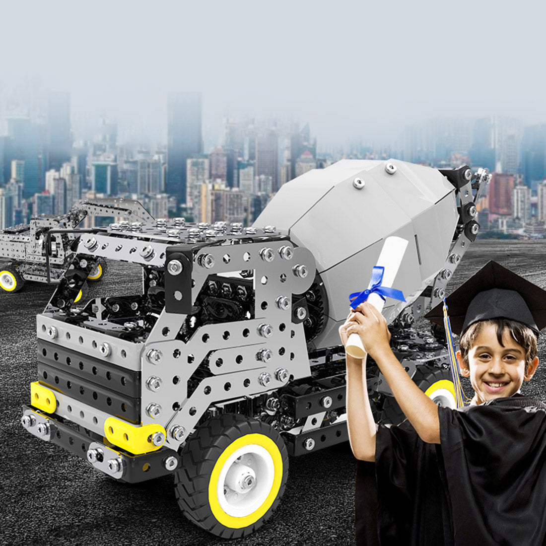 669Pcs+ DIY Metal Engineering Cement Mixer Truck Assembly Model