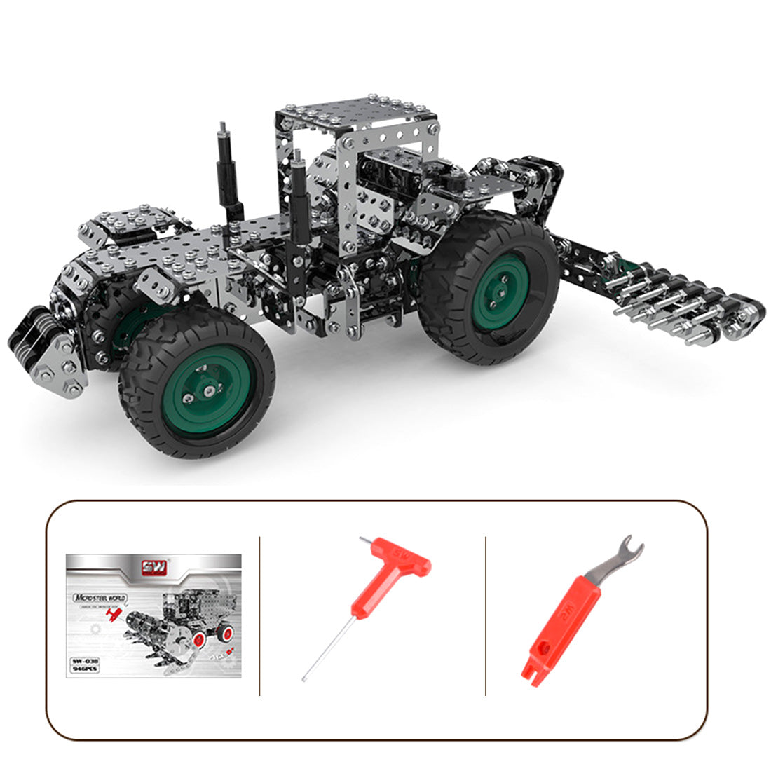 910Pcs 3D Metal Gear Drive Farm Hay Cutting Mower Screwed Model Building Kit
