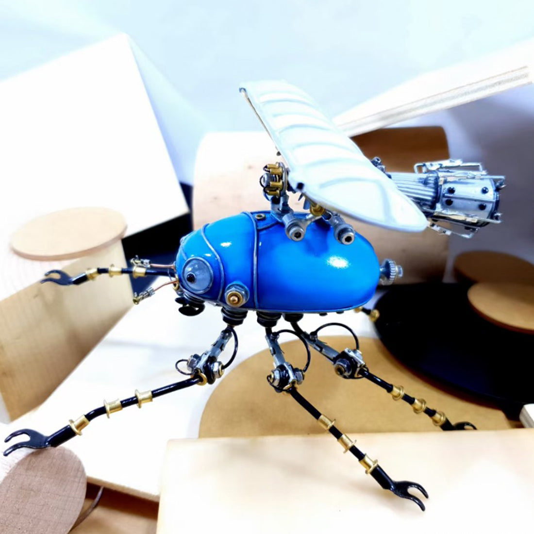 Metal 3D Blue Fixed Wing Scarab Steampunk Sculpture Bug Assembled Model Kits