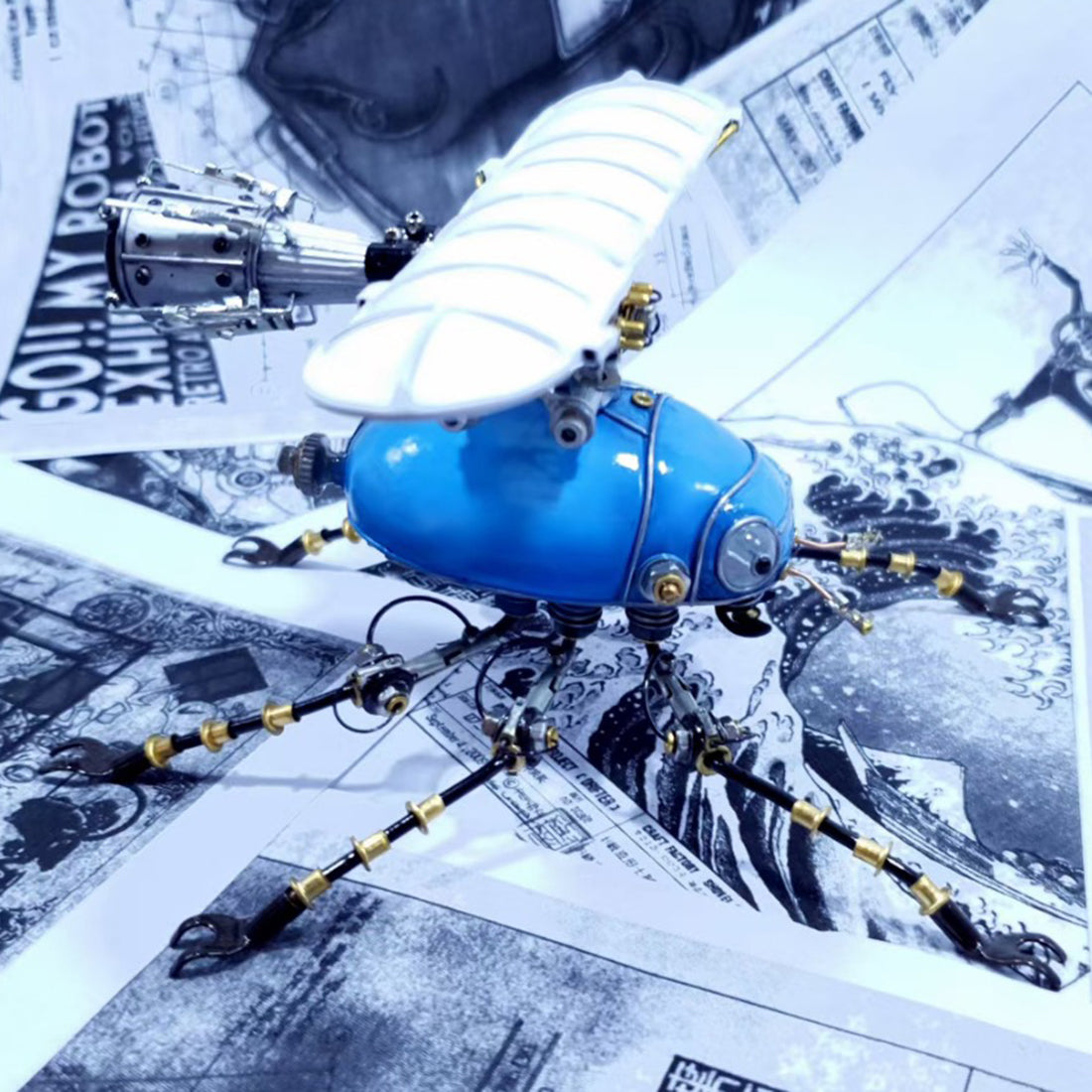 Metal 3D Blue Fixed Wing Scarab Steampunk Sculpture Bug Assembled Model Kits