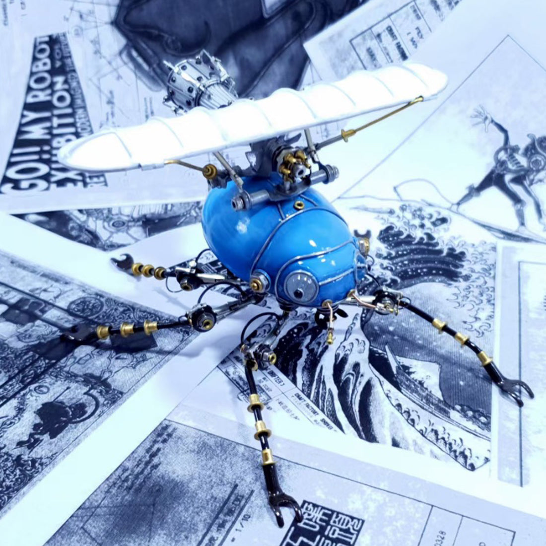 Metal 3D Blue Fixed Wing Scarab Steampunk Sculpture Bug Assembled Model Kits