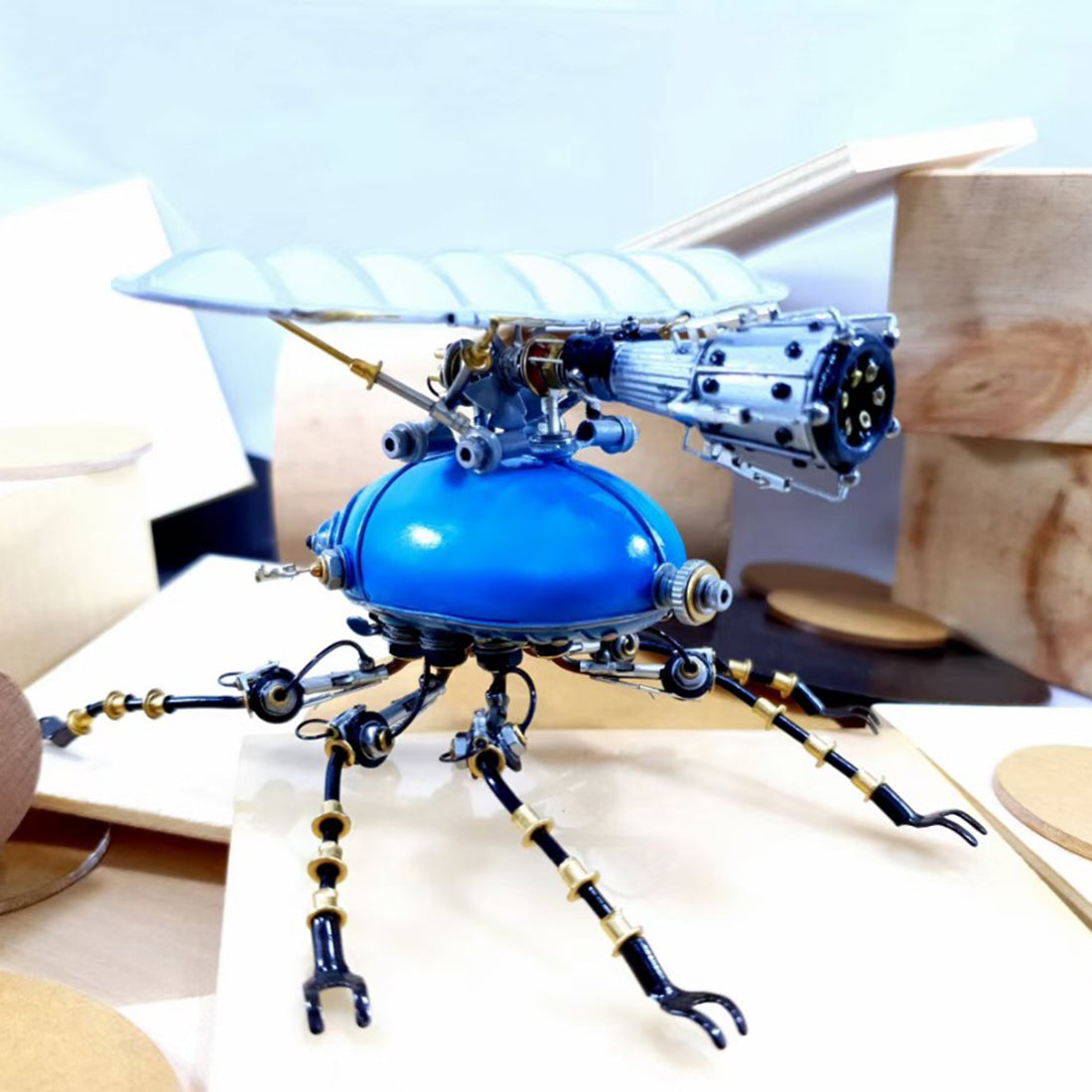 Metal 3D Blue Fixed Wing Scarab Steampunk Sculpture Bug Assembled Model Kits
