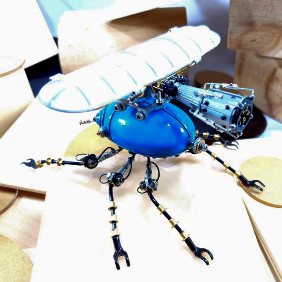 Metal 3D Blue Fixed Wing Scarab Steampunk Sculpture Bug Assembled Model Kits
