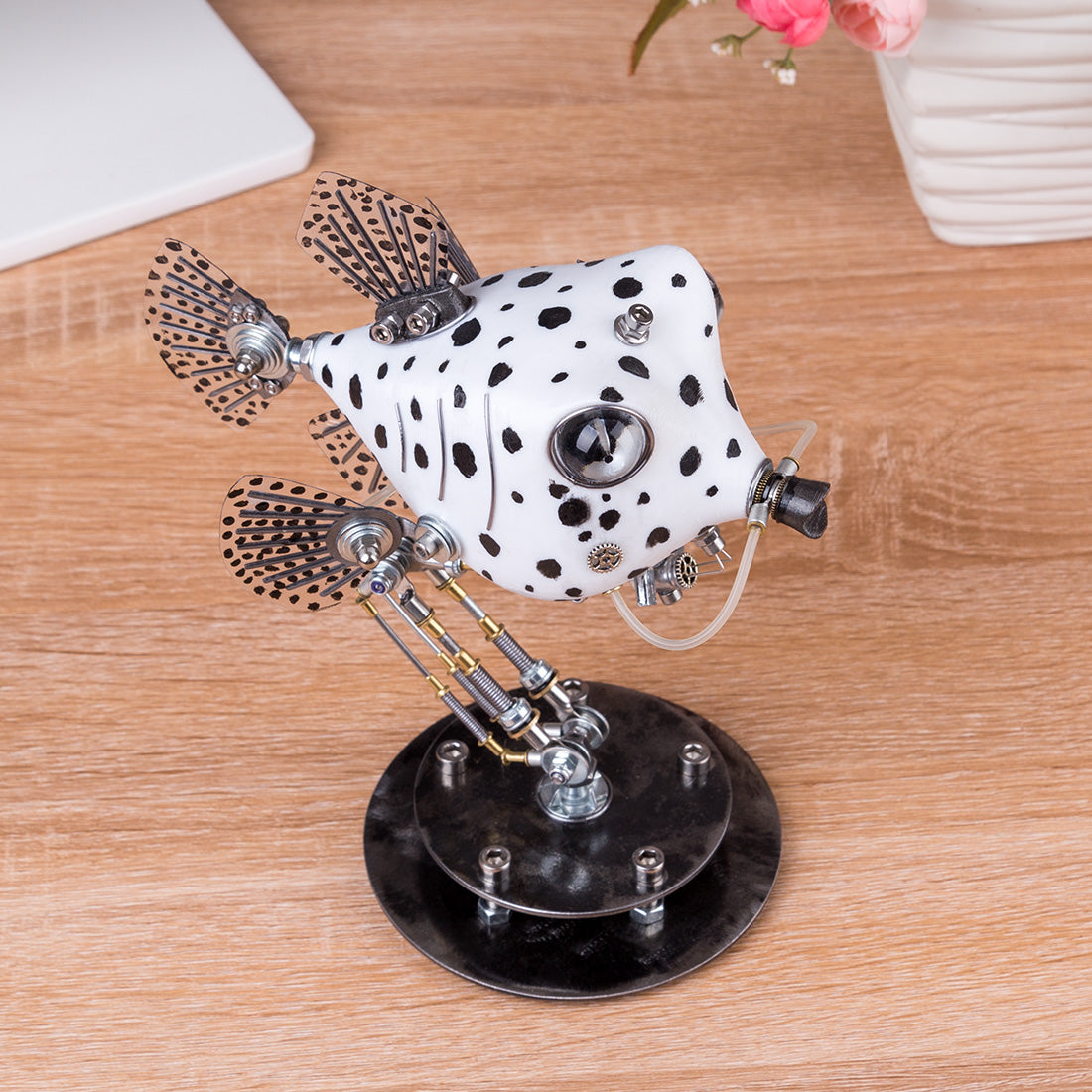 Metal Black & White Cowfish Model Kits 3D Handmade Assembled Steampunk Crafts for Home Decor