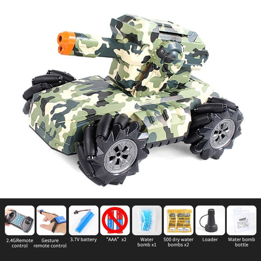 Tanque RC 2.4G 4WD que puede disparar bombas de agua, deriva, movimiento horizontal, juguetes giratorios