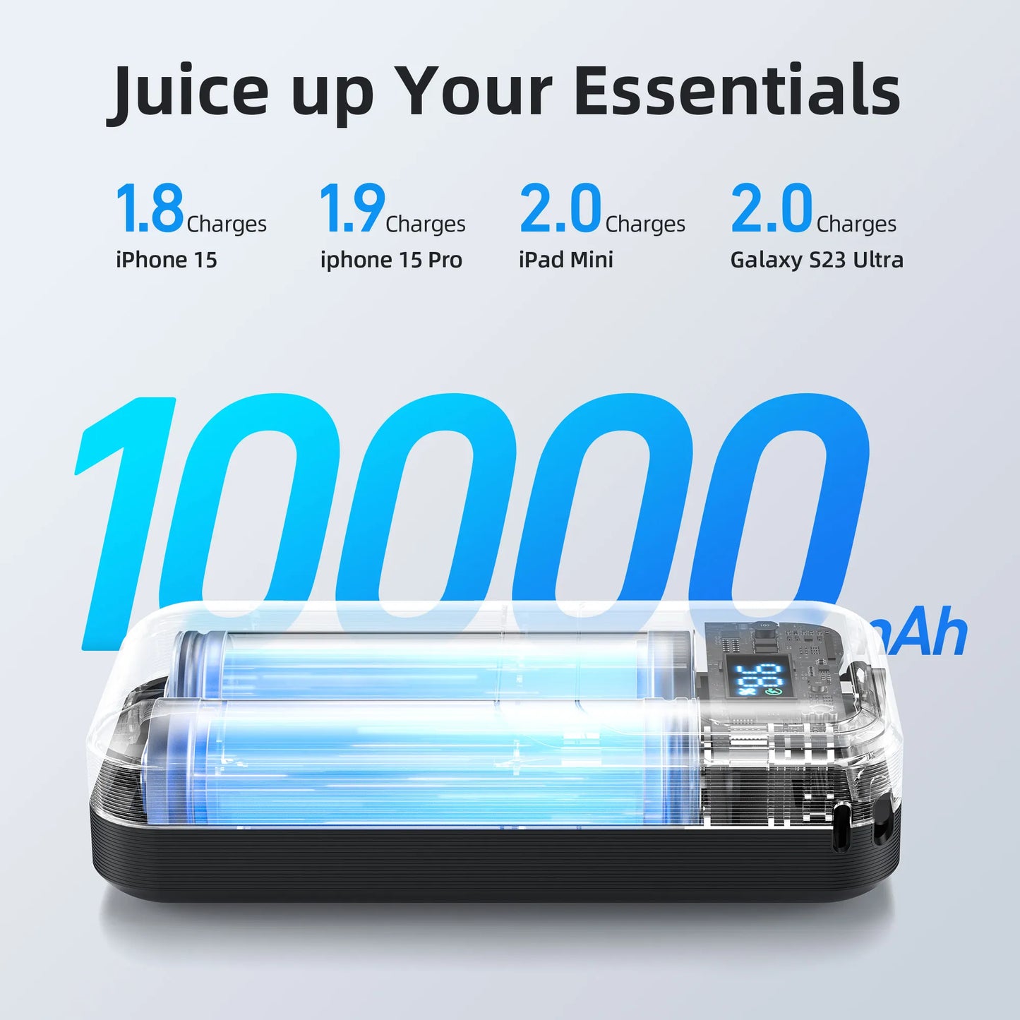 MOKiN 10,000mAh Portable Power Bank - Built-in USB-C & iOS Cables(30W)
