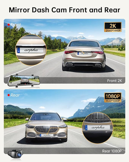 Arpha E22 2CH Mirror Dash Cam 2K 10" Touch Screen with 24H Parking Mode