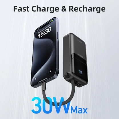 MOKiN 10,000mAh Portable Power Bank - Built-in USB-C & iOS Cables(30W)