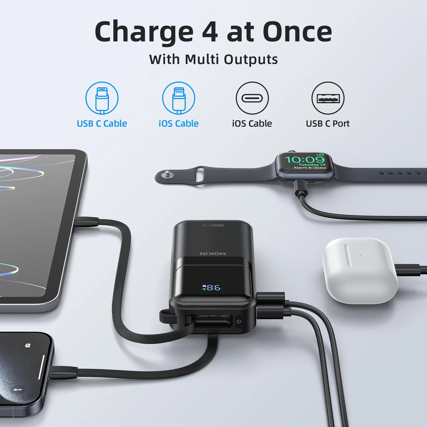 MOKiN 10,000mAh Portable Power Bank - Built-in USB-C & iOS Cables(30W)