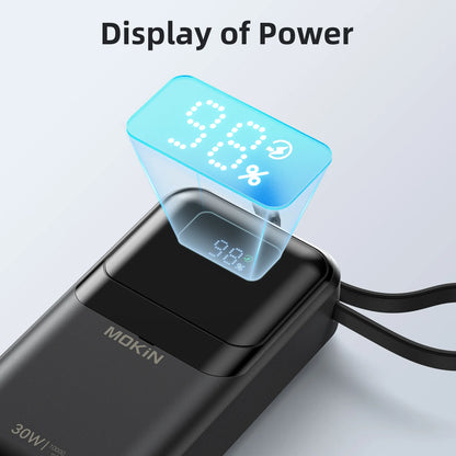 MOKiN 10,000mAh Portable Power Bank - Built-in USB-C & iOS Cables(30W)