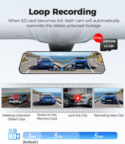 AZDOME PG17 2CH Mirror Dash Cam 4K with 12" Touch Screen 24H Parking Mode