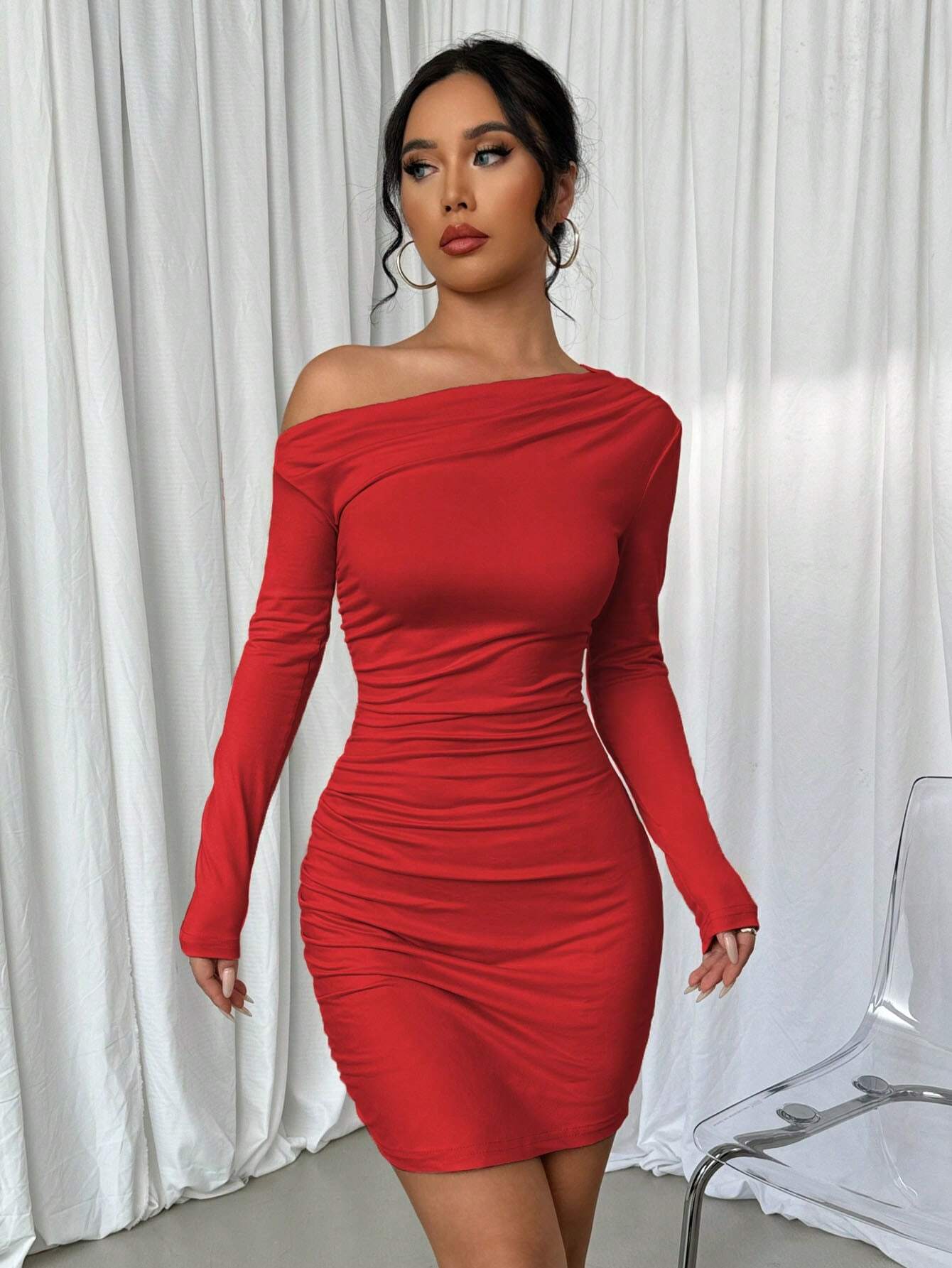 Elenzga Solid Color Asymmetric Neck Ruffle Long Sleeve Dress For New Year Clothes