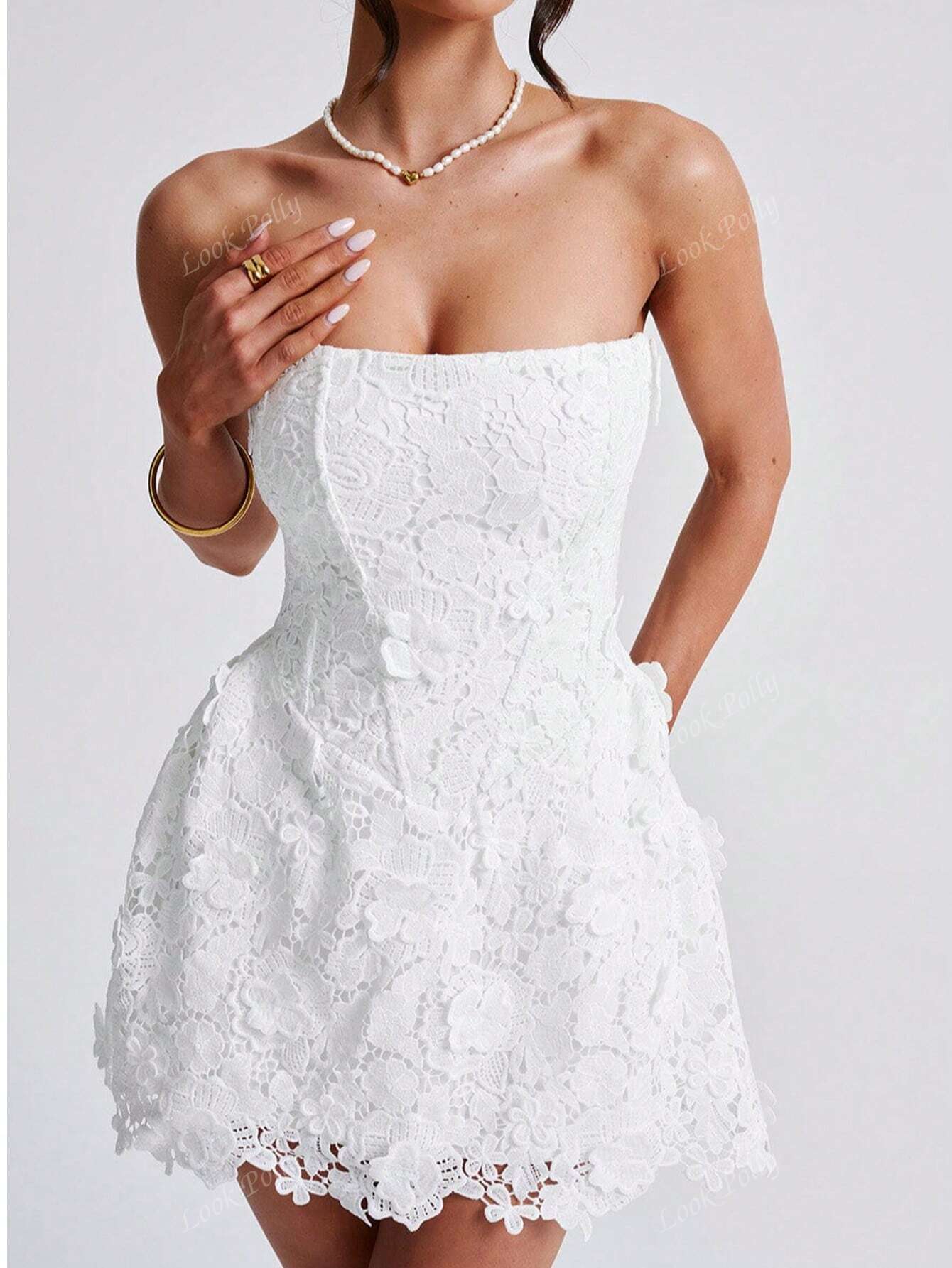 Elegant, Sexy French Style White Strapless Bodycon Short Dress For Weddings, Parties, And Formal Events