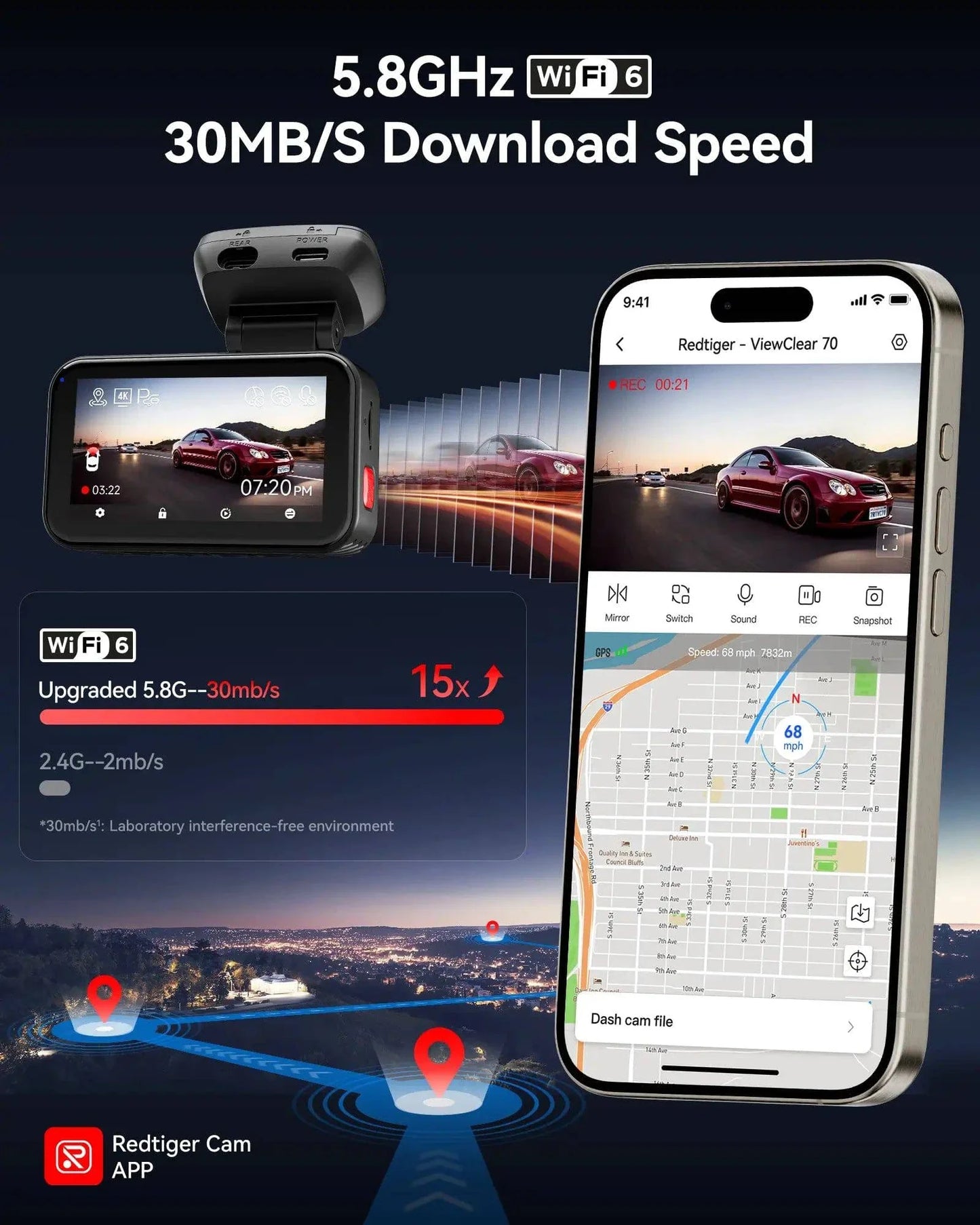 Redtiger View Clear 70 4K+2.5k Superior Night View 5.8Ghz WiFi 6 Dash Cam