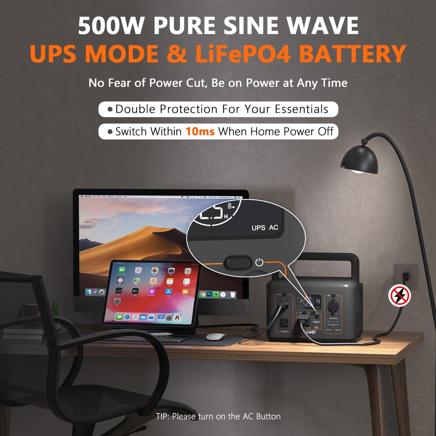 ALLWEI PPS600-1 Portable Power Station 500W 512Wh, compatible with 100W solar panels