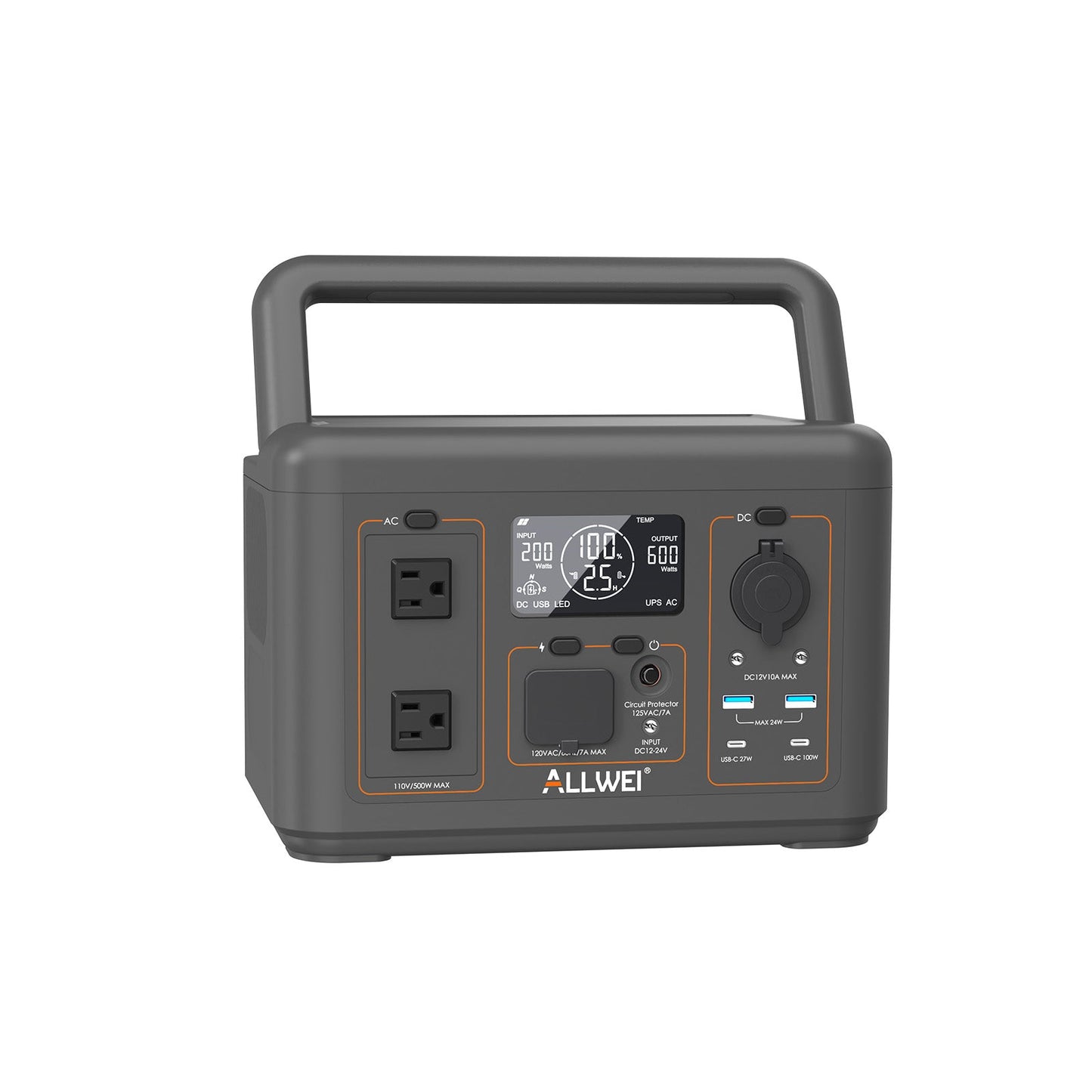ALLWEI PPS600-1 Portable Power Station 500W 512Wh, compatible with 100W solar panels