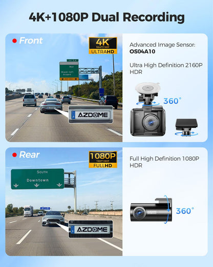 AZDOME GS63 Pro 2CH Dash Cam 4K with No-Light Full-Color Night Vision